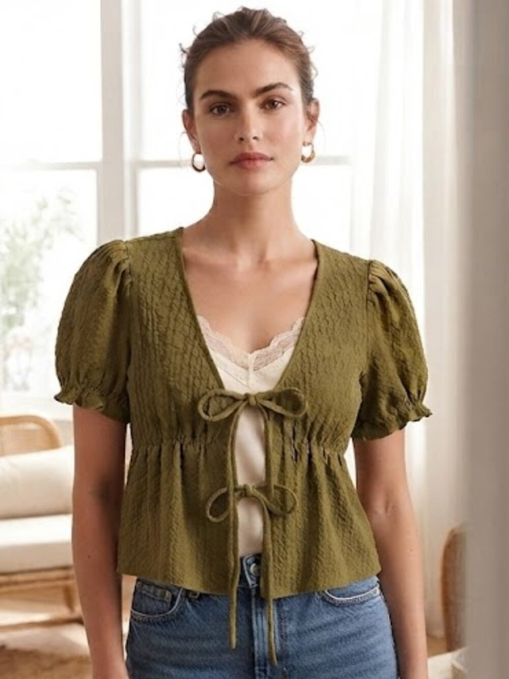 H&M Olive Textured Tie-Front Short Sleeve Top